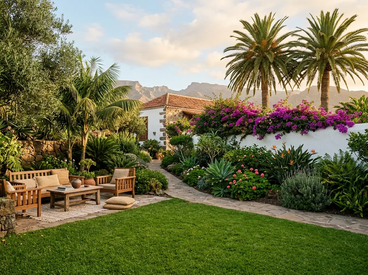 Jardín privado de una casa con césped, palmeras y zona de estar