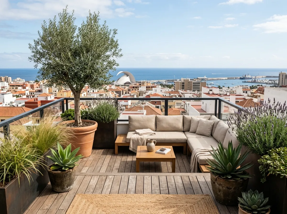 Terraza de ático con jardineras, olivo y plantas mediterráneas