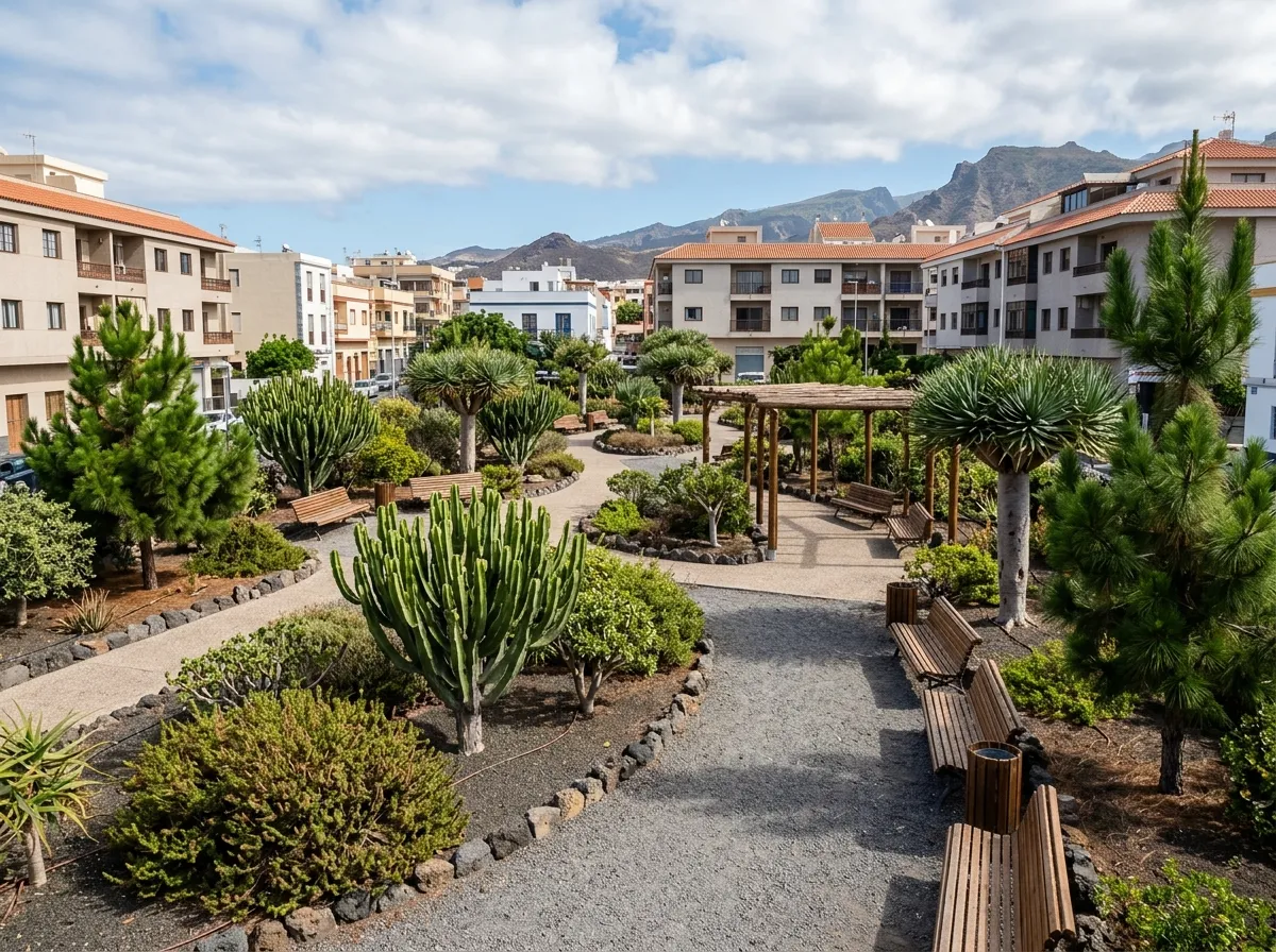 Espacio público naturalizado con plantas autóctonas canarias y caminos