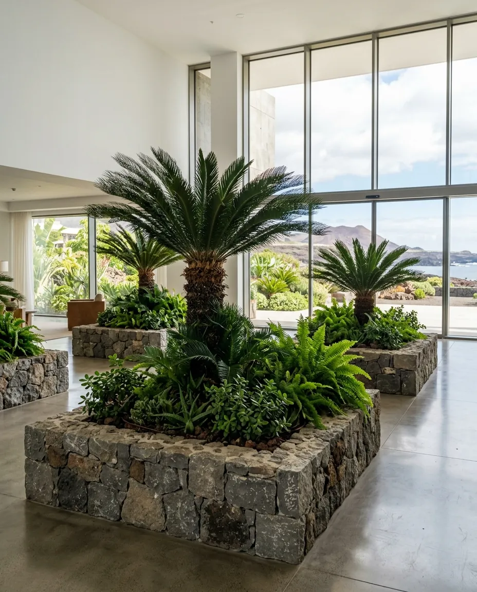 Grandes maceteros con cycas en un interior luminoso
