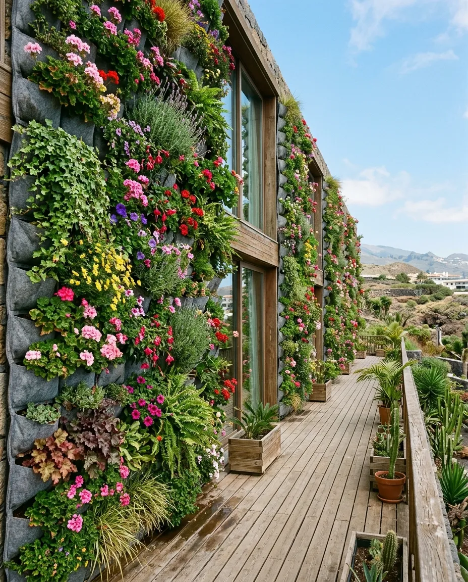 Fachada con jardín vertical de bolsas de cultivo