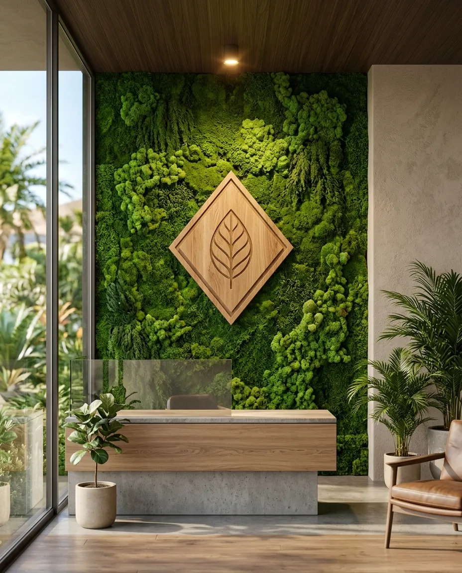 Muro de musgo preservado con logotipo en madera