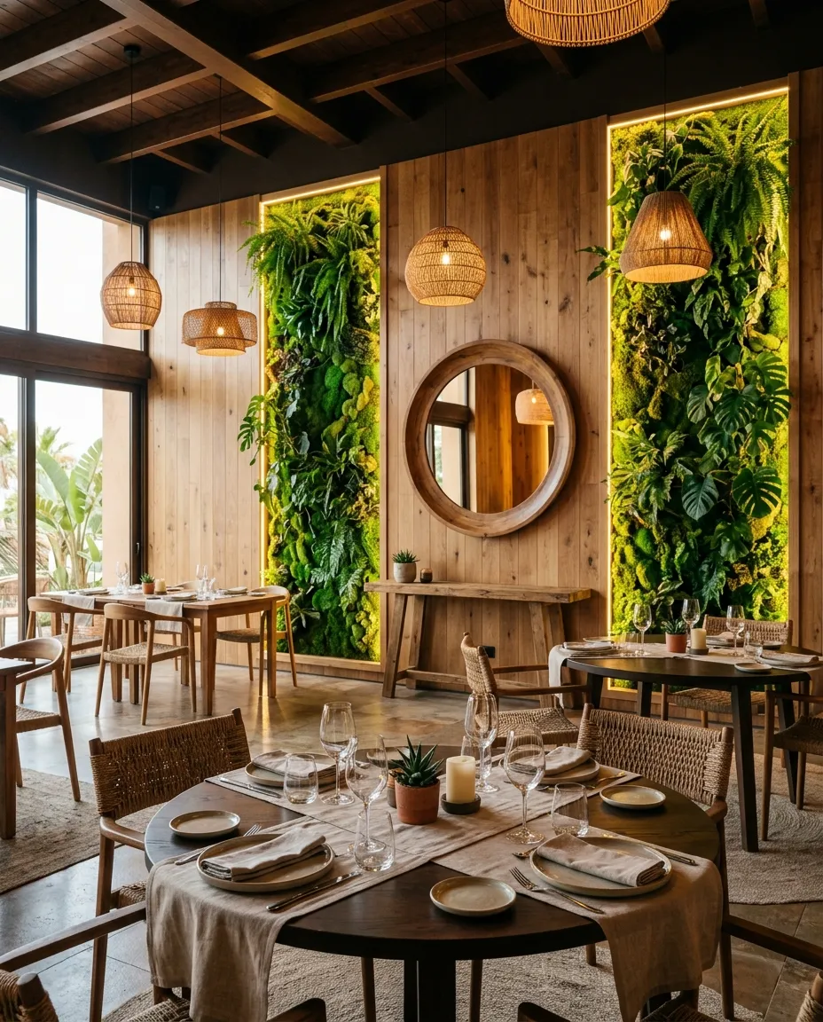 Restaurante con paneles de jardín vertical iluminados