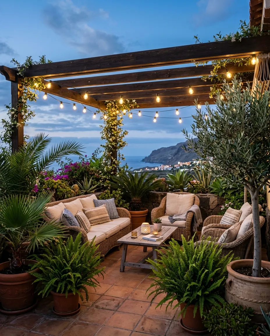 Terraza nocturna con plantas e iluminación cálida