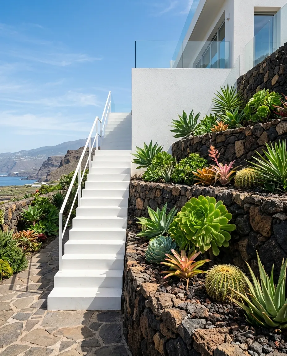 Escalera exterior con jardín de roca volcánica y suculentas