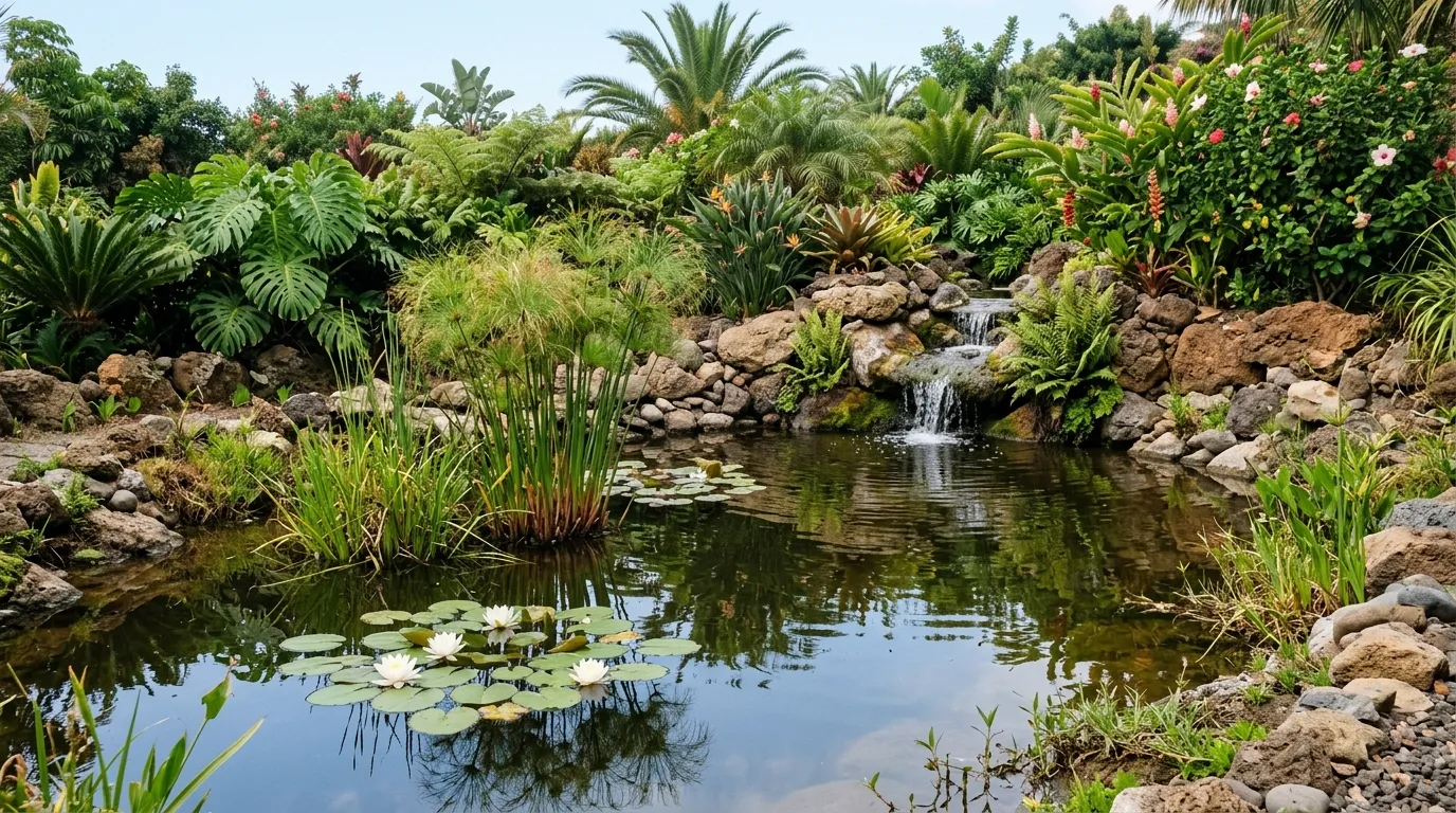 Estanque natural con plantas acuáticas y piedras