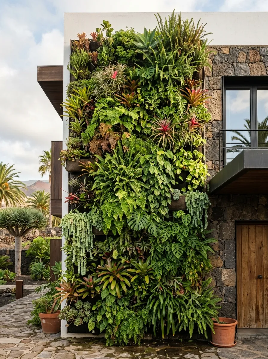 Jardín vertical exuberante en una fachada