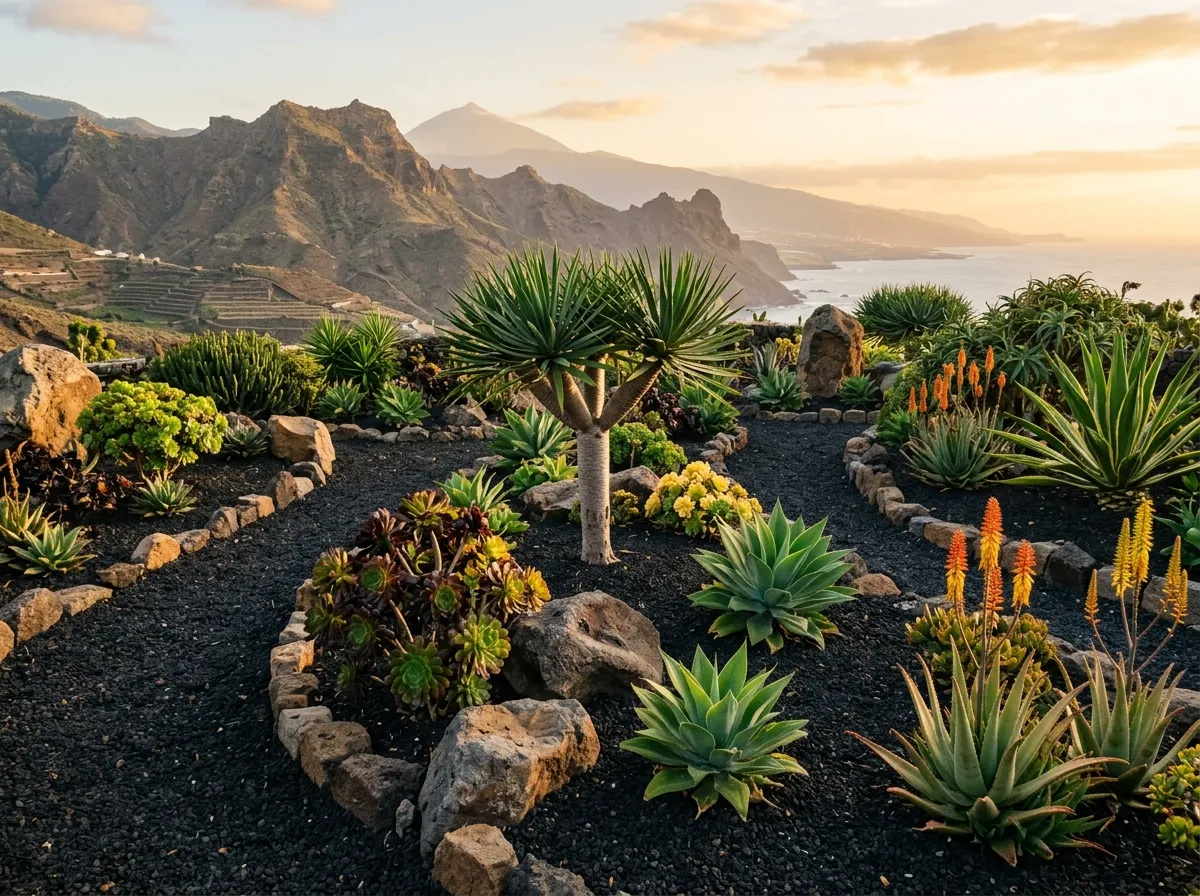 Jardín de bajo consumo con picón volcánico y suculentas